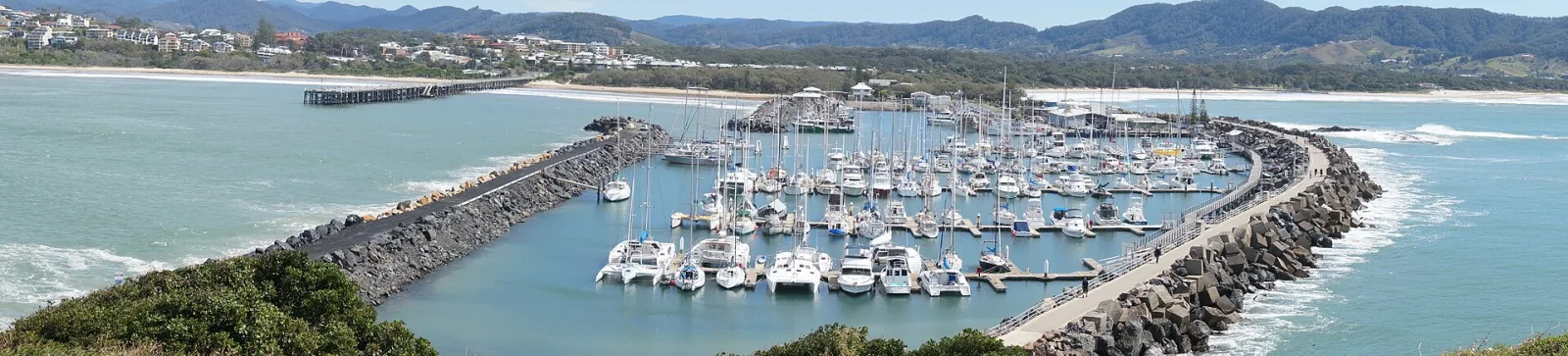 Panoramic view of the Coffs Harbour marina, NSW Australia, from Muttonbird island