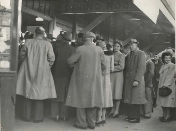 Coffs Harbour Railway Refreshment Room - crowd entering dining room Dated: 09/07/1947 Digital ID: 17420_a014_a014000041 Rights: www.records.nsw.gov.au/about-us/rights-and-permissions We'd love to hear from you if you use our photos. Many other photos in our collection are available to view and browse on our website using Photo Investigator.
