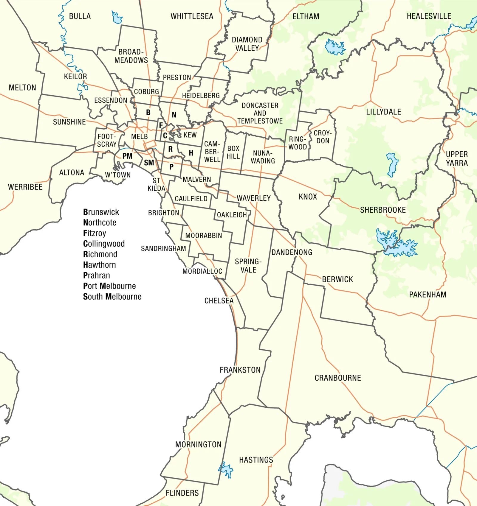 A map showing the local government areas that existed in Greater Melbourne as at 1 October 1993. The first step in the Kennett government's large-scale amalgamation program – the redrawing of the City of Melbourne's boundaries – took effect a few weeks later on 18 November 1993.See also File:Victoria LGAs 1 April 1993 labelled map.png for an equivalent map of the whole State of Victoria.