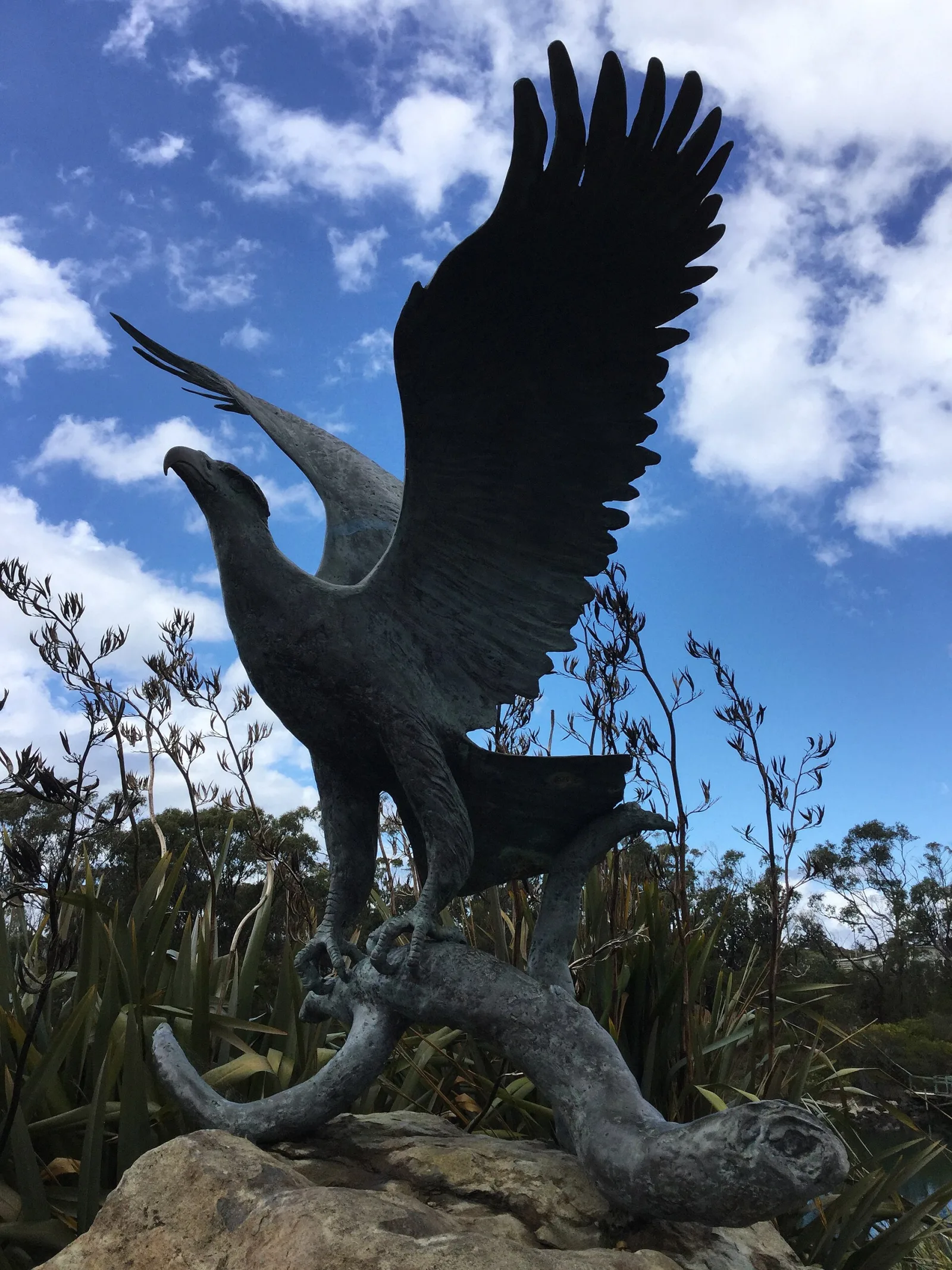 This statue of an Eaglehawk is displayed next to a river. The isthmus of land only a few hundred metres wide at Eaglehawk Neck is the reason Port Arthur was chosen as the site for a prison -- the tiny strip of land was easily patrolled, and in those times few were able to swim and make a break for it that way. A line of dogs, tethered at short intervals, roused the soldiers if anyone tried to get by. The Officers Quarters has been restored as a museum interpreting the history and life at Eaglehawk Neck. The 1832 quarters is reputed to be the oldest wooden military building remaining in Australia.